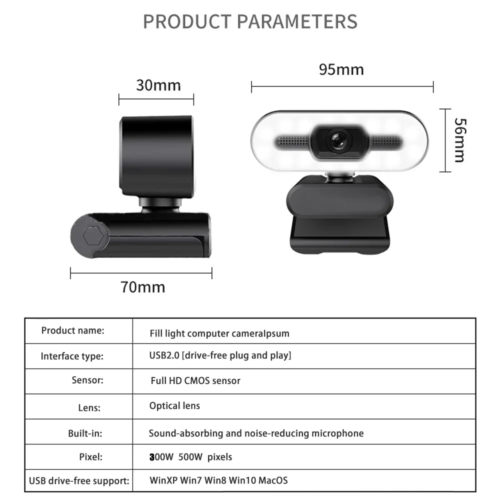 4K Ultra-Clear USB 1080P Webcam With Microphone For Desktop PC Camera Broadcast Video Calling Conference Work Fill Light Web Cam