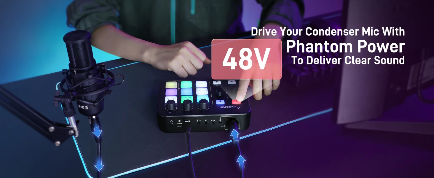 MAONO G1 NEO Gaming Audio Mixer Custom Sound Effects RGB Streaming with XLR Microphone Audio Interface for Game Voice Podcast