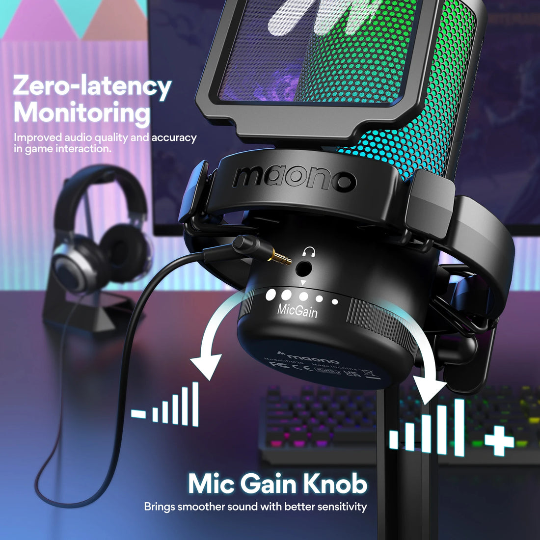 MAONO DGM20 Gaming Microphone,USB Microphone Condenser Mic RGB Gaming Mic with Noise reduction software,Mic Gain,One Key Mute