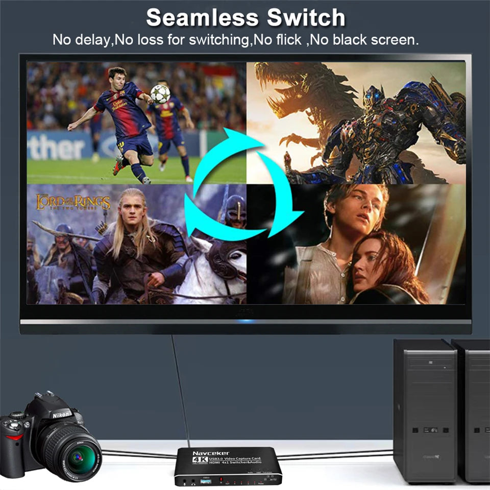 2023 4 Port 4K Video Capture Card USB 3.0 HDMI-compatible Grabber Recorder Seamless Switch for Camera Recording Live Streaming