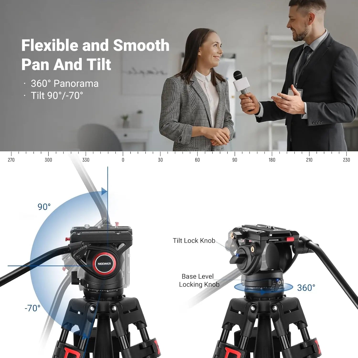 74" Video Tripod with Fluid Head, QR Plate, Heavy Duty Aluminum for DSLR Cameras Camcorders, Max Load 17.6lb/8kg