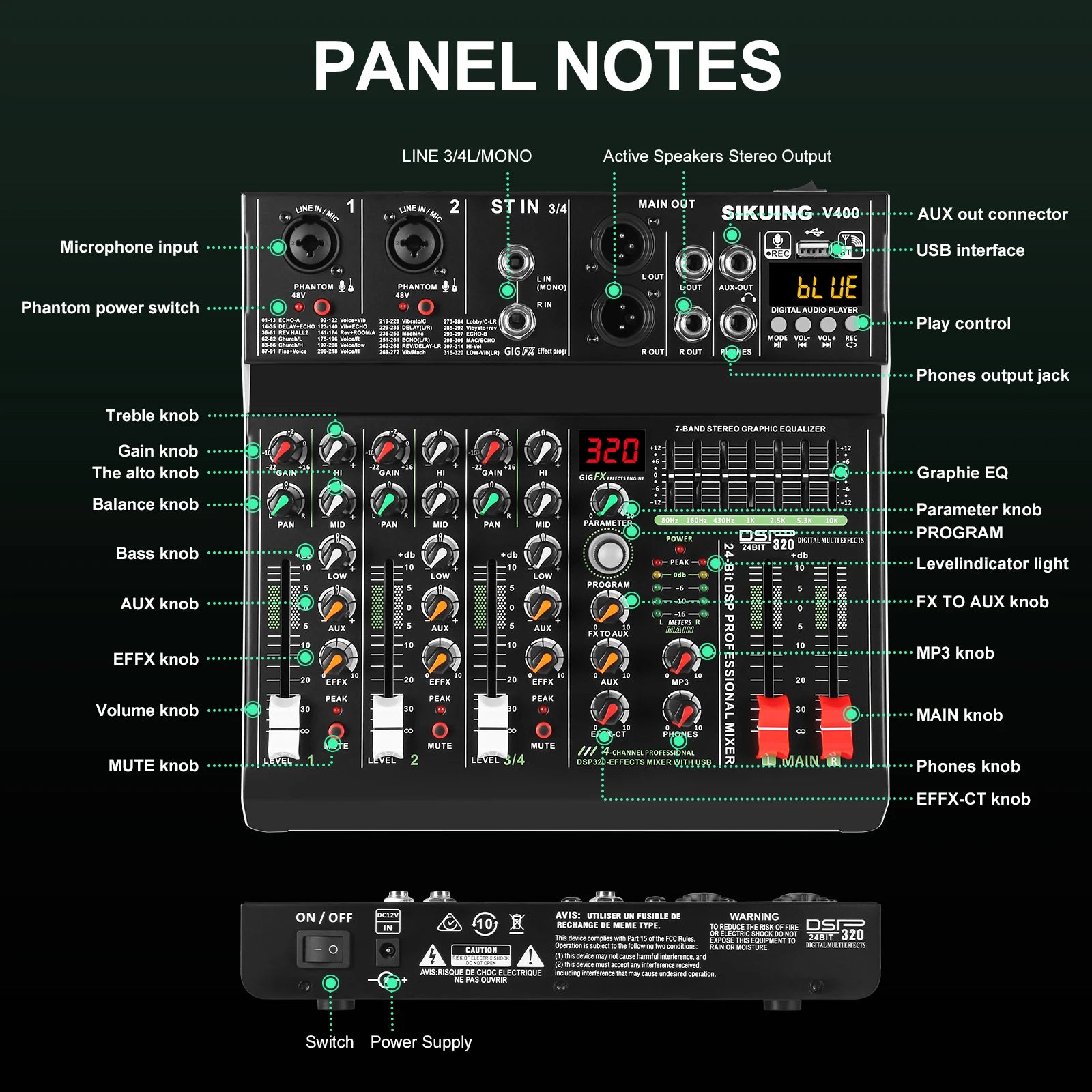 FULUODE V-600 6 channel professional portable mixer 320 DSP effects  48V phantom power Bluetooth sound card  7-band equalize