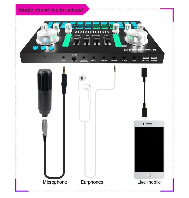 A2 Soundcard live Sound Card Bluetooth-compatible Mixer Audio Professional Adjustable Volume Audio for Music Recording Karaoke