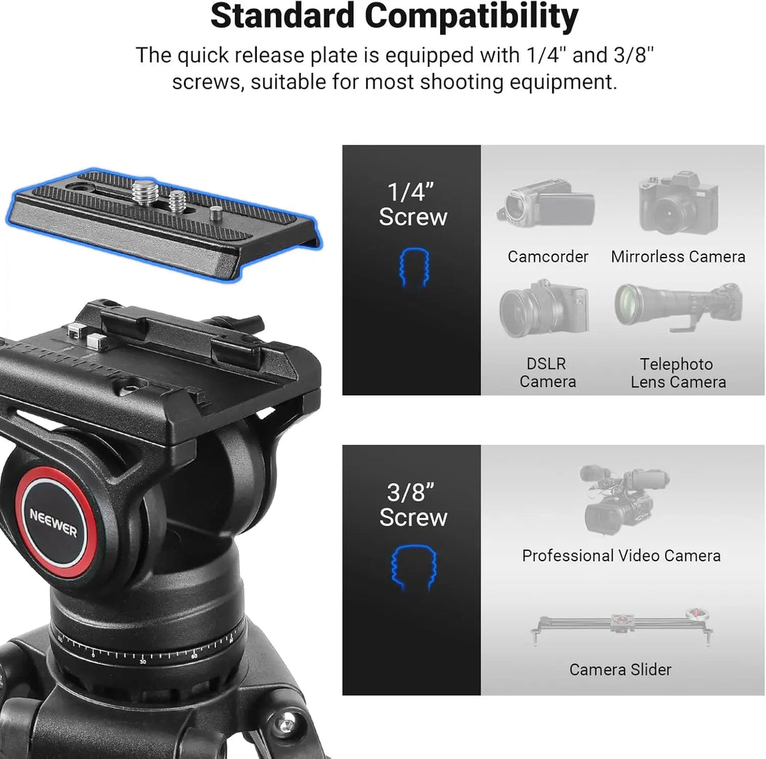 74" Video Tripod with Fluid Head, QR Plate, Heavy Duty Aluminum for DSLR Cameras Camcorders, Max Load 17.6lb/8kg