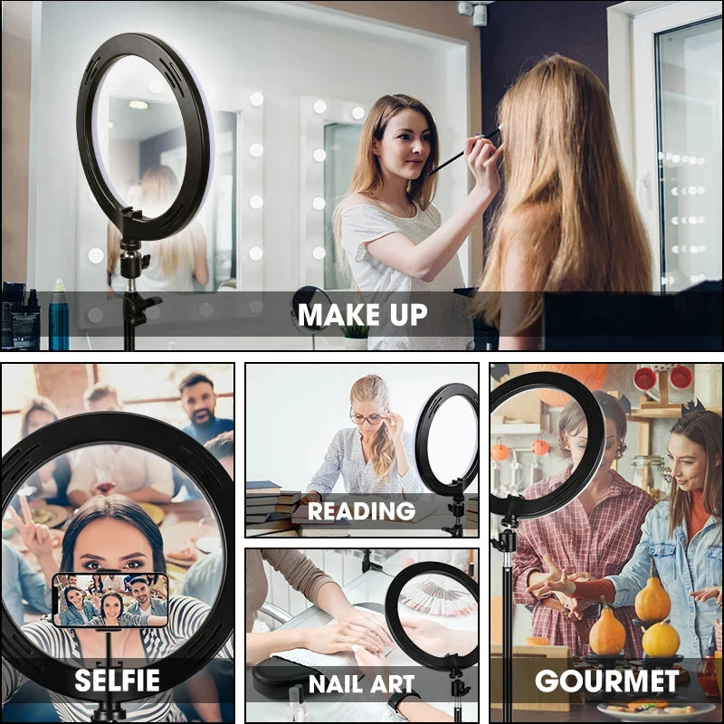 10 inch LED Selfie Ring Light Circle Fill Light Dimmable Round Lamp For TK Video Makeup Photography RingLight Phone Stand Holder