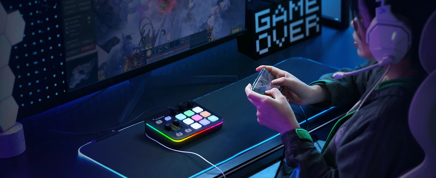 MAONO G1 NEO Gaming Audio Mixer Custom Sound Effects RGB Streaming with XLR Microphone Audio Interface for Game Voice Podcast