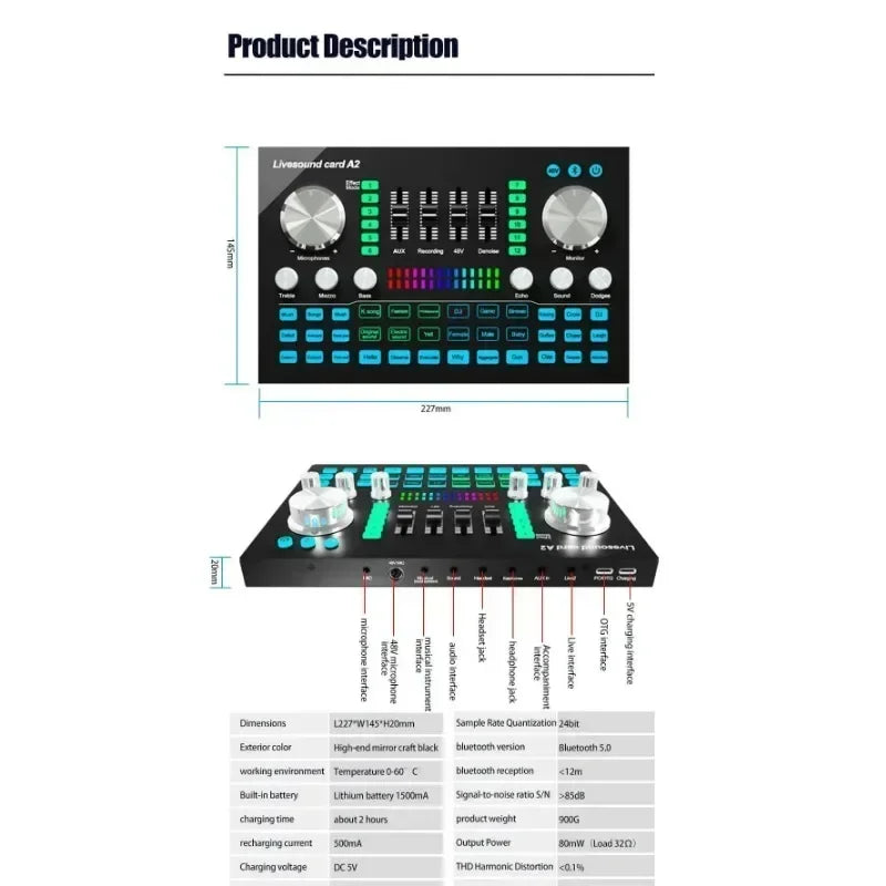 A2 Soundcard live Sound Card Bluetooth-compatible Mixer Audio Professional Adjustable Volume Audio for Music Recording Karaoke