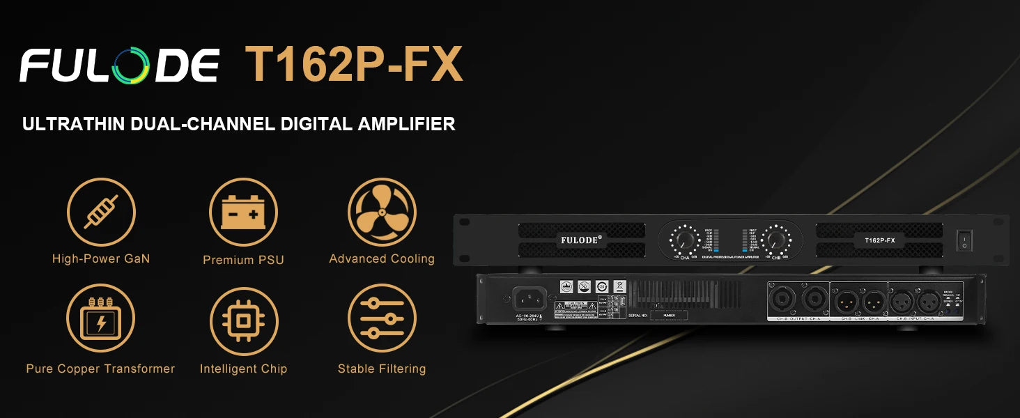 FULUODE T162P-FX Professional dual-channel power amplifier 1U 2 x 1500W 4-ohm audio amplifier with XLR stereo bridged, parallel