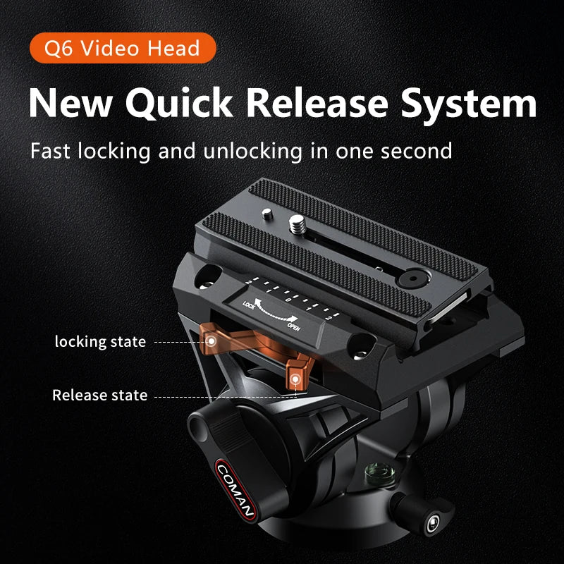 COMAN FF16LS 74" Professional Metal Heavy Duty Camera Tripod Video Tripod With Q6 New Fluid Head Adjustable Damping Fluid Head Dual Mode QR Plate Compatible with DJI RS4 Manfrotto
