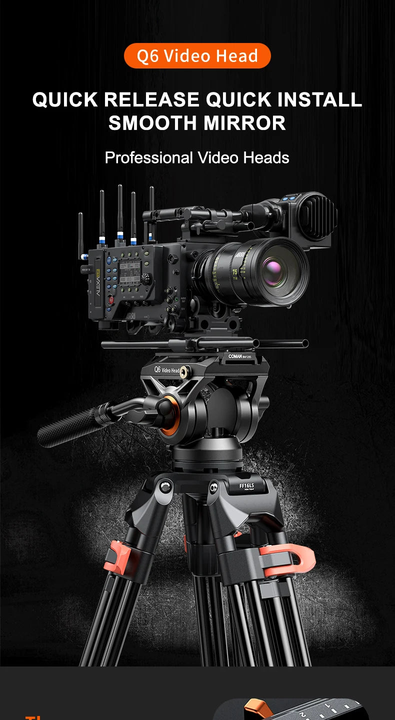 COMAN FF16LS 74" Professional Metal Heavy Duty Camera Tripod Video Tripod With Q6 New Fluid Head Adjustable Damping Fluid Head Dual Mode QR Plate Compatible with DJI RS4 Manfrotto