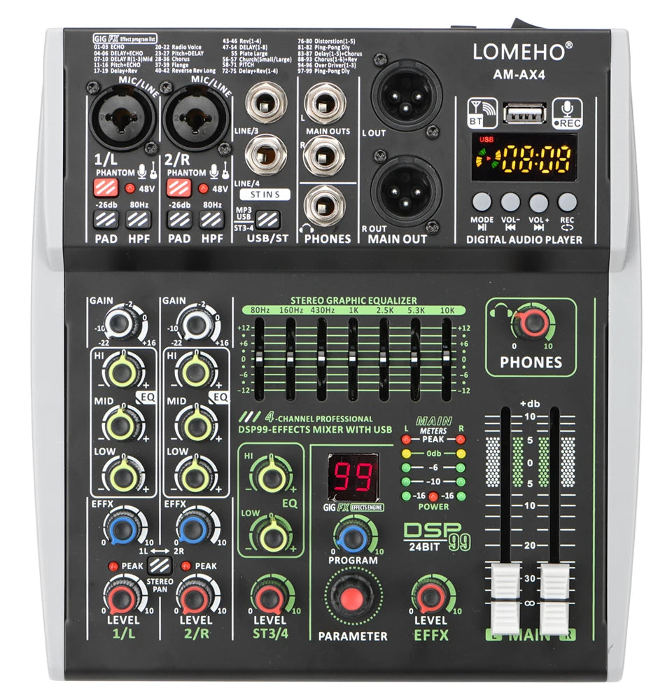 4 Channel Audio Sound Mixer 7 Band EQ 99 DSP Effects 48V Bluetooth Sound Mixing Console PC Playback Recording DJ Party AM-AX4