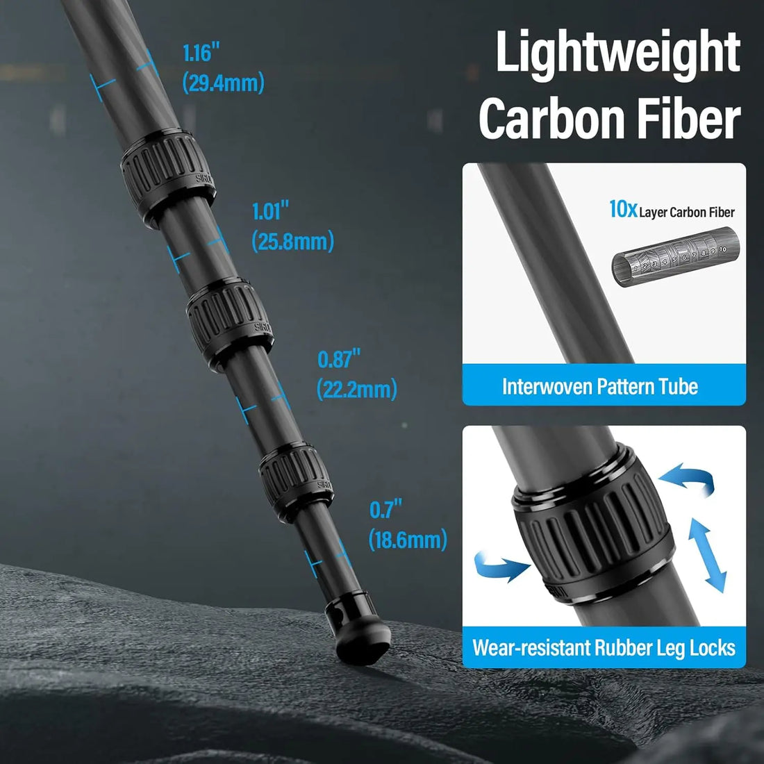 Carbon Fiber Camera Tripod for Travel, 4-Section Legs, Twist Locks, Loads 33LB, Max Height 47.2"