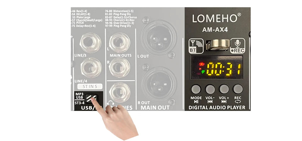 4 Channel Audio Sound Mixer 7 Band EQ 99 DSP Effects 48V Bluetooth Sound Mixing Console PC Playback Recording DJ Party AM-AX4