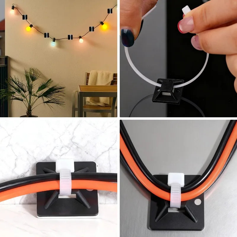 Cable Management Kit Cord Holder Base Optional Nylon Ties Adhesive Wire Fixing Clips Desk Wall TV Multi Use Cord Hider Cable Set