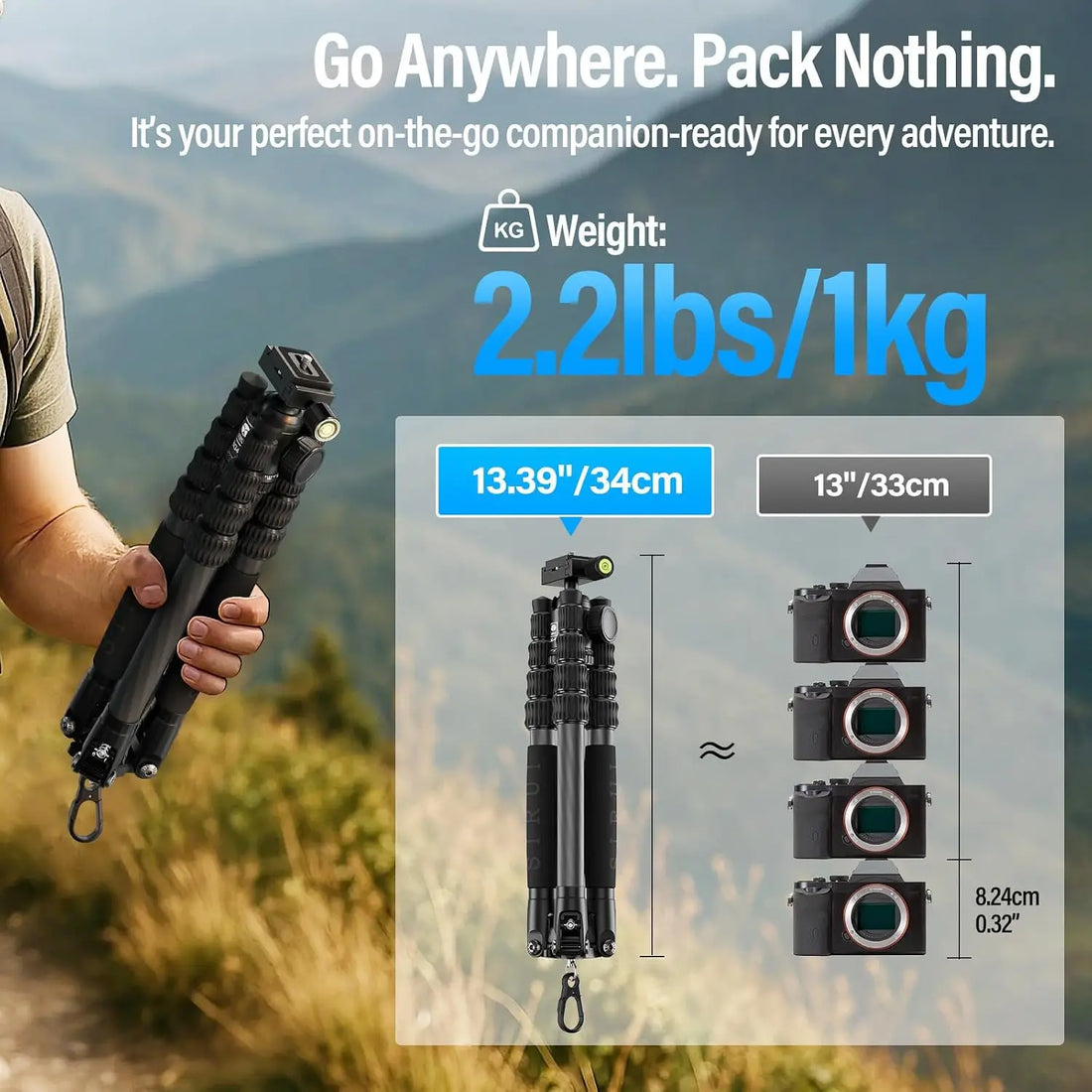 Lightweight Carbon Fiber Travel Tripod, 6kg Load, 54" Max Height, Compact for DSLR Mirrorless Cameras, with Carry Bag