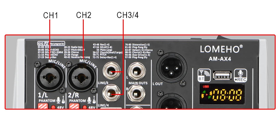 4 Channel Audio Sound Mixer 7 Band EQ 99 DSP Effects 48V Bluetooth Sound Mixing Console PC Playback Recording DJ Party AM-AX4