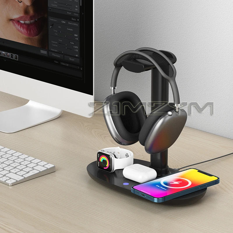 4In1 Headphones Stand For Airpods Max Detachable Headset Holder Hanger Wireless Charger For Phone Watch Bluetooth Headset
