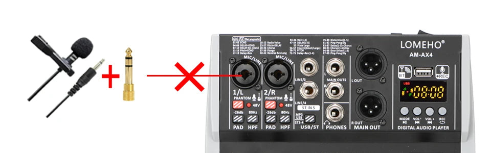 4 Channel Audio Sound Mixer 7 Band EQ 99 DSP Effects 48V Bluetooth Sound Mixing Console PC Playback Recording DJ Party AM-AX4