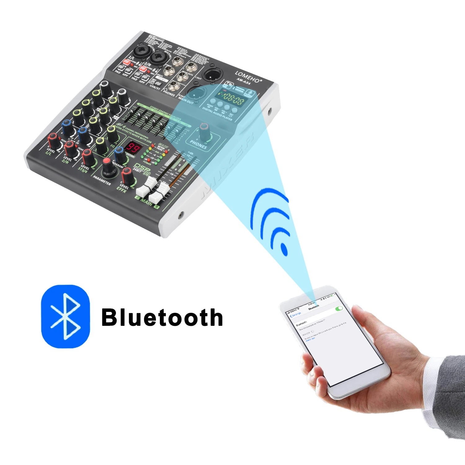 4 Channel Audio Sound Mixer 7 Band EQ 99 DSP Effects 48V Bluetooth Sound Mixing Console PC Playback Recording DJ Party AM-AX4