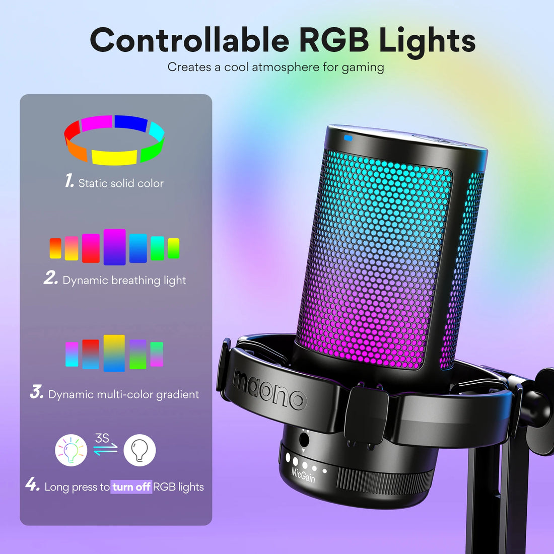 MAONO DGM20 Gaming Microphone,USB Microphone Condenser Mic RGB Gaming Mic with Noise reduction software,Mic Gain,One Key Mute