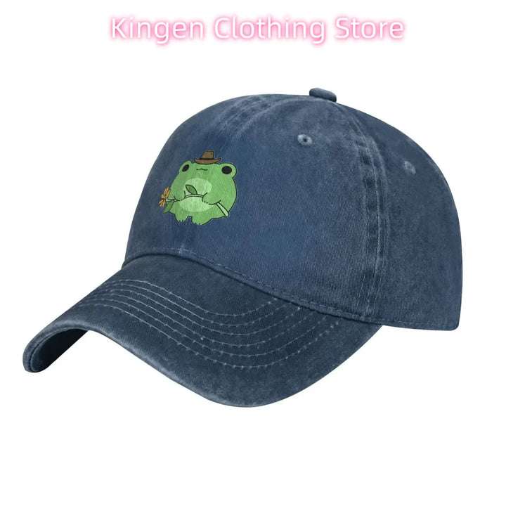 Cute Frog Flower Adjustable Washed Denim Cotton Low Profile Man Dad Trucker Hat Fitted Baseball Ball Cap for Men Unisex Headwear