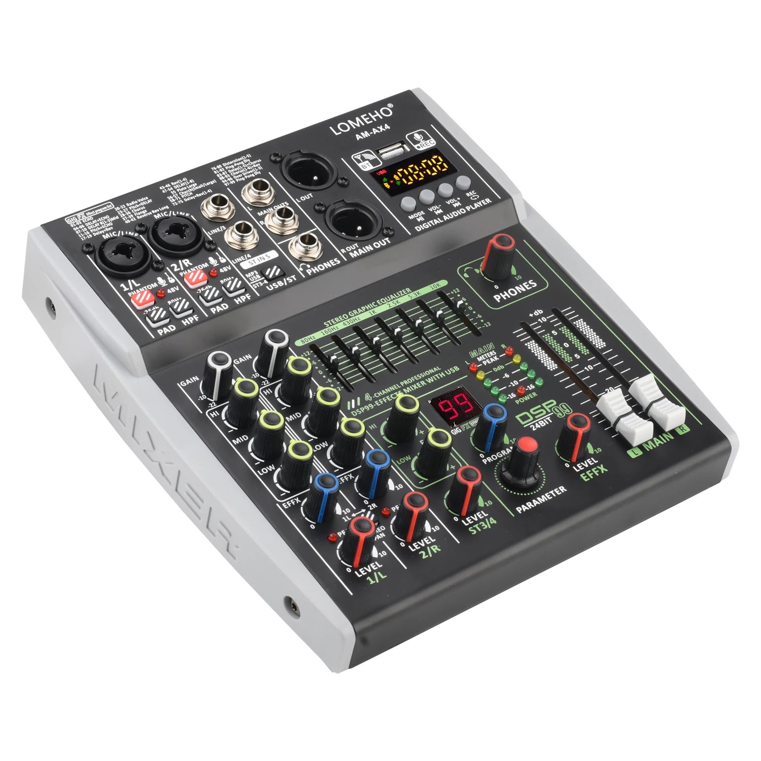 4 Channel Audio Sound Mixer 7 Band EQ 99 DSP Effects 48V Bluetooth Sound Mixing Console PC Playback Recording DJ Party AM-AX4