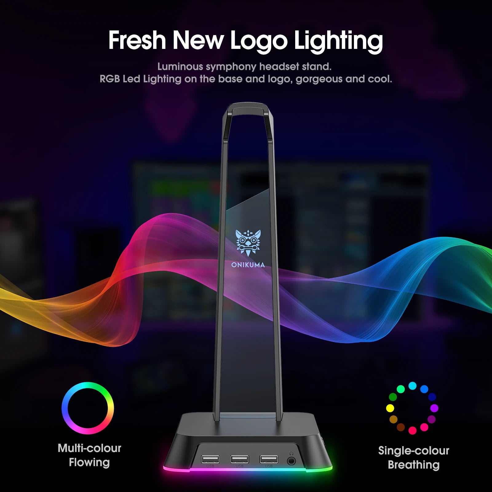 ONIKUMA Headphone Stand With RGB Light Headset Holder With 3*USB Ports & 3.5mm Headphone Jack For PC Gamers
