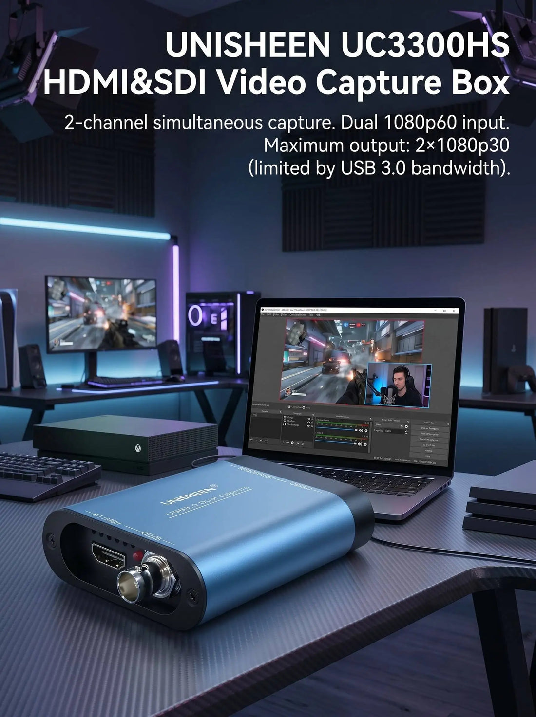 UNISHEEN 2-Channel SDI HDMI VIDEO CAPTURE Card Box USB3.0 60FPS FPGA Grabber Dongle Game Streaming Equipment 1080P OBS VMix