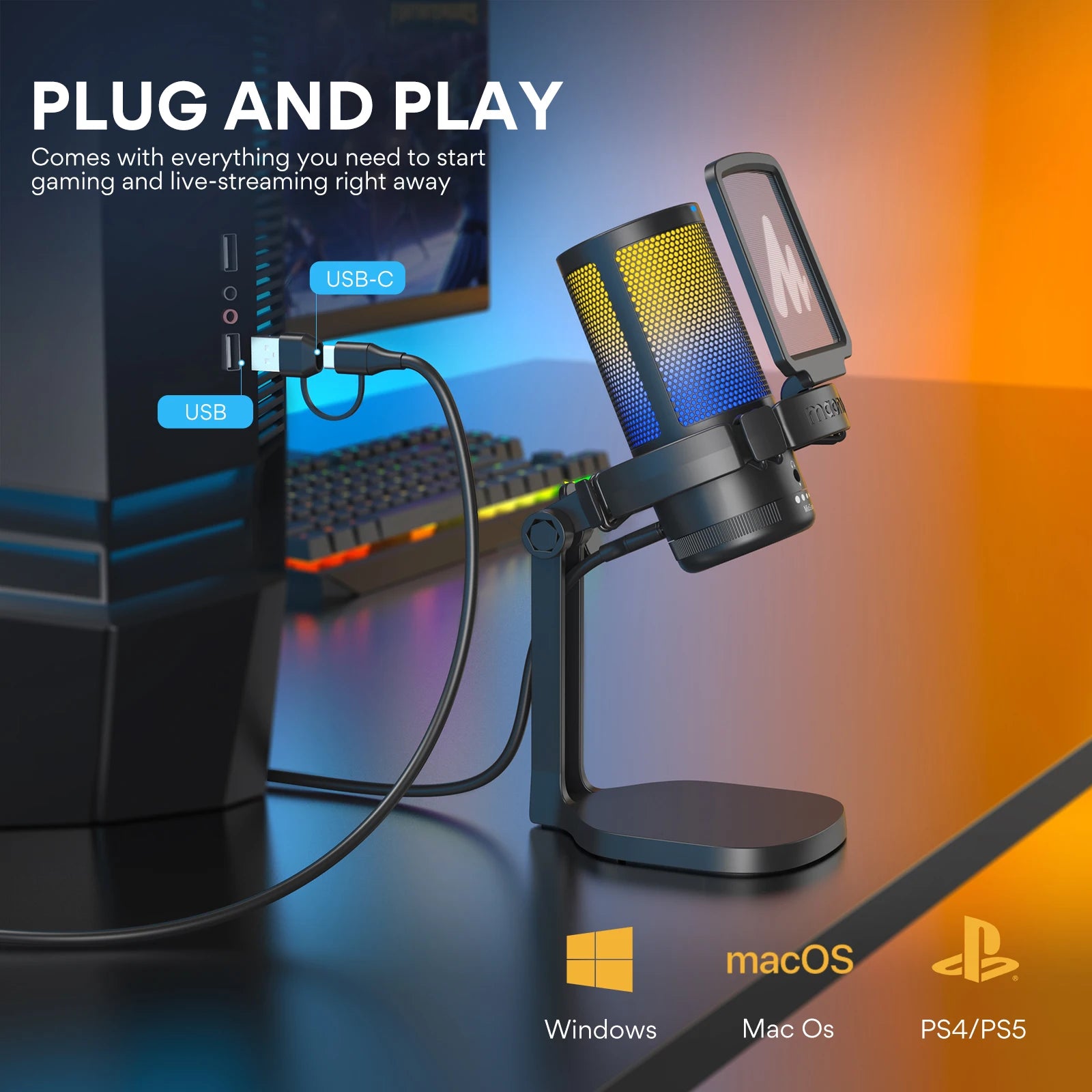 MAONO DGM20 Gaming Microphone,USB Microphone Condenser Mic RGB Gaming Mic with Noise reduction software,Mic Gain,One Key Mute