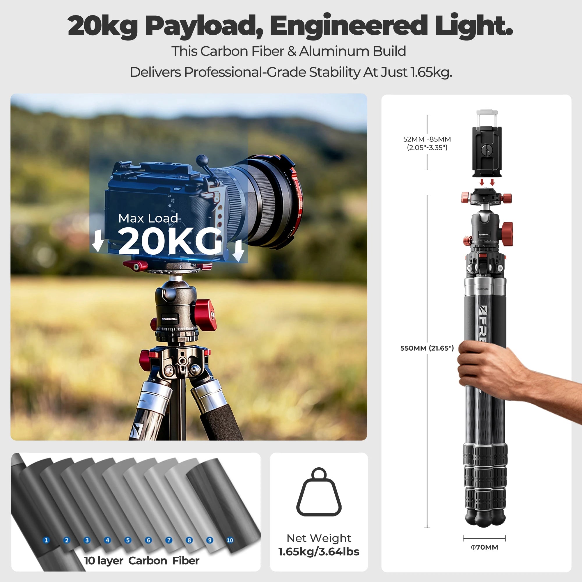 Freewell Portable Multi-Functional Tripod Offers 5-in-1 Modes DSLR Camera Travel Tripod Flexible Vlog Tripod Supports Up To 20kg