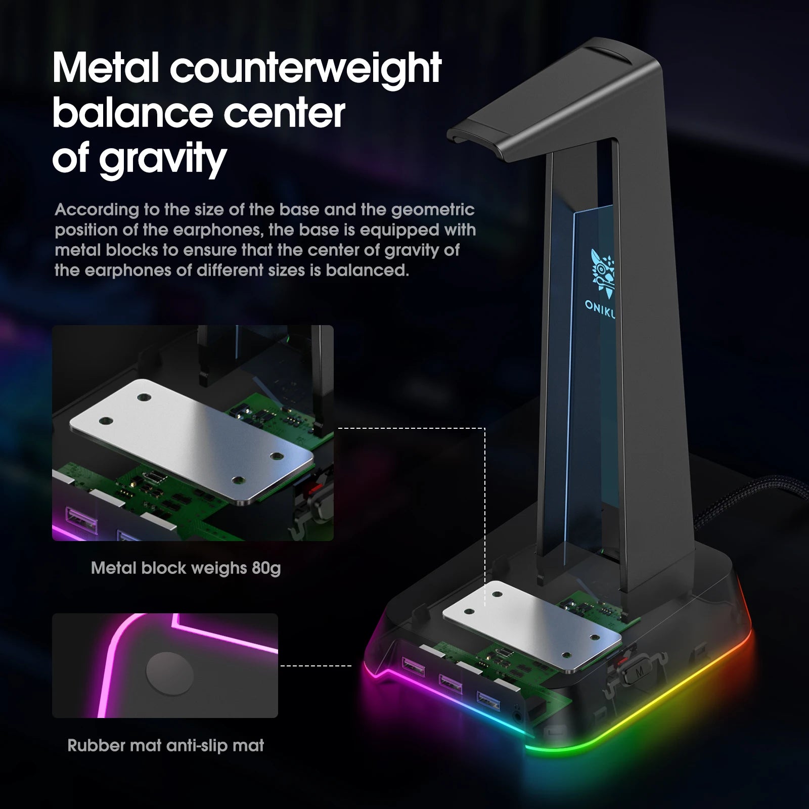ONIKUMA Headphone Stand With RGB Light Headset Holder With 3*USB Ports & 3.5mm Headphone Jack For PC Gamers