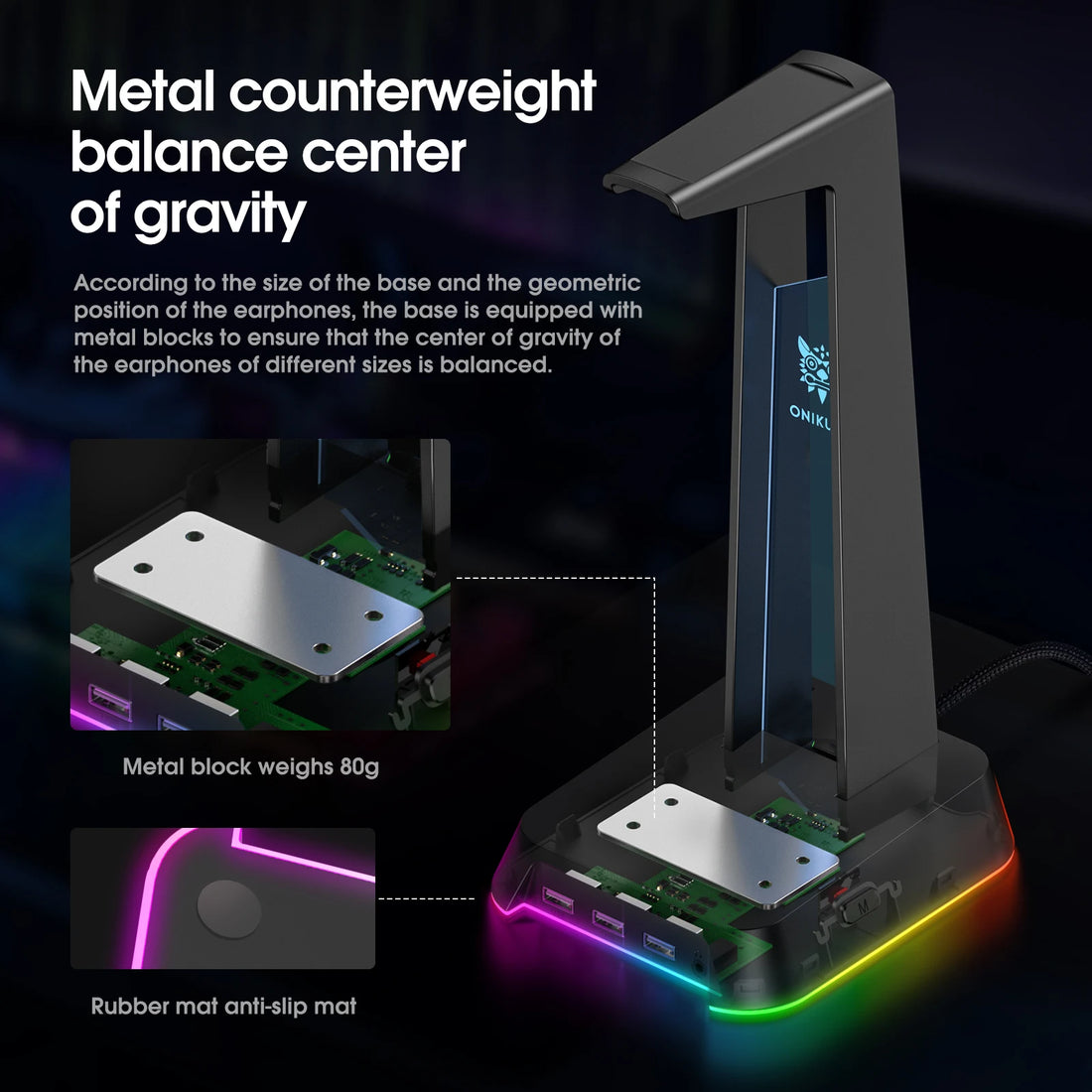 ONIKUMA Headphone Stand With RGB Light Headset Holder With 3*USB Ports & 3.5mm Headphone Jack For PC Gamers
