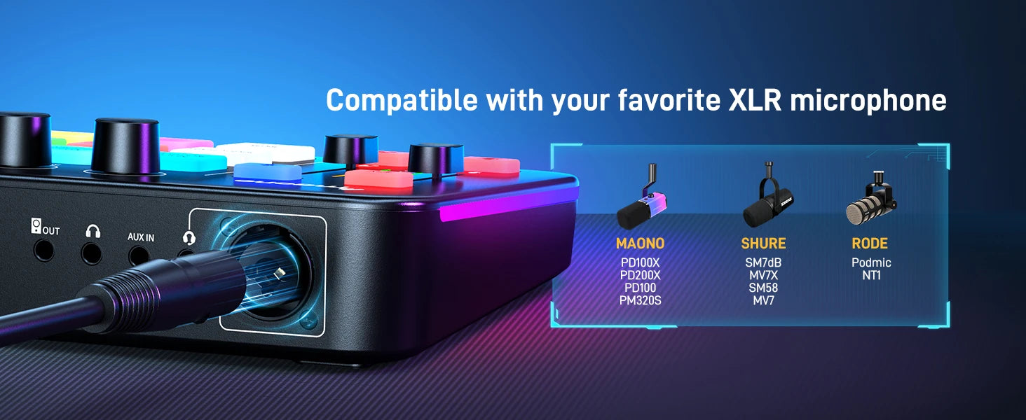 MAONO G1 NEO Gaming Audio Mixer Custom Sound Effects RGB Streaming with XLR Microphone Audio Interface for Game Voice Podcast
