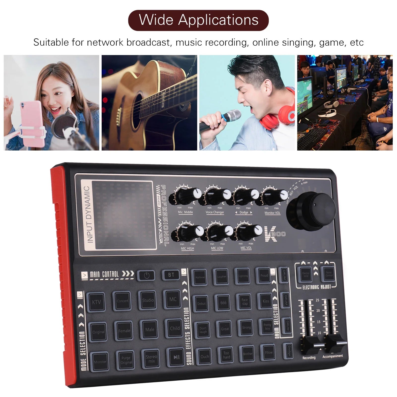 SK300 Live Sound Card External Voice Changer Audio Mixer Built-in Rechargeable Battery Multiple Sound Effects for Live