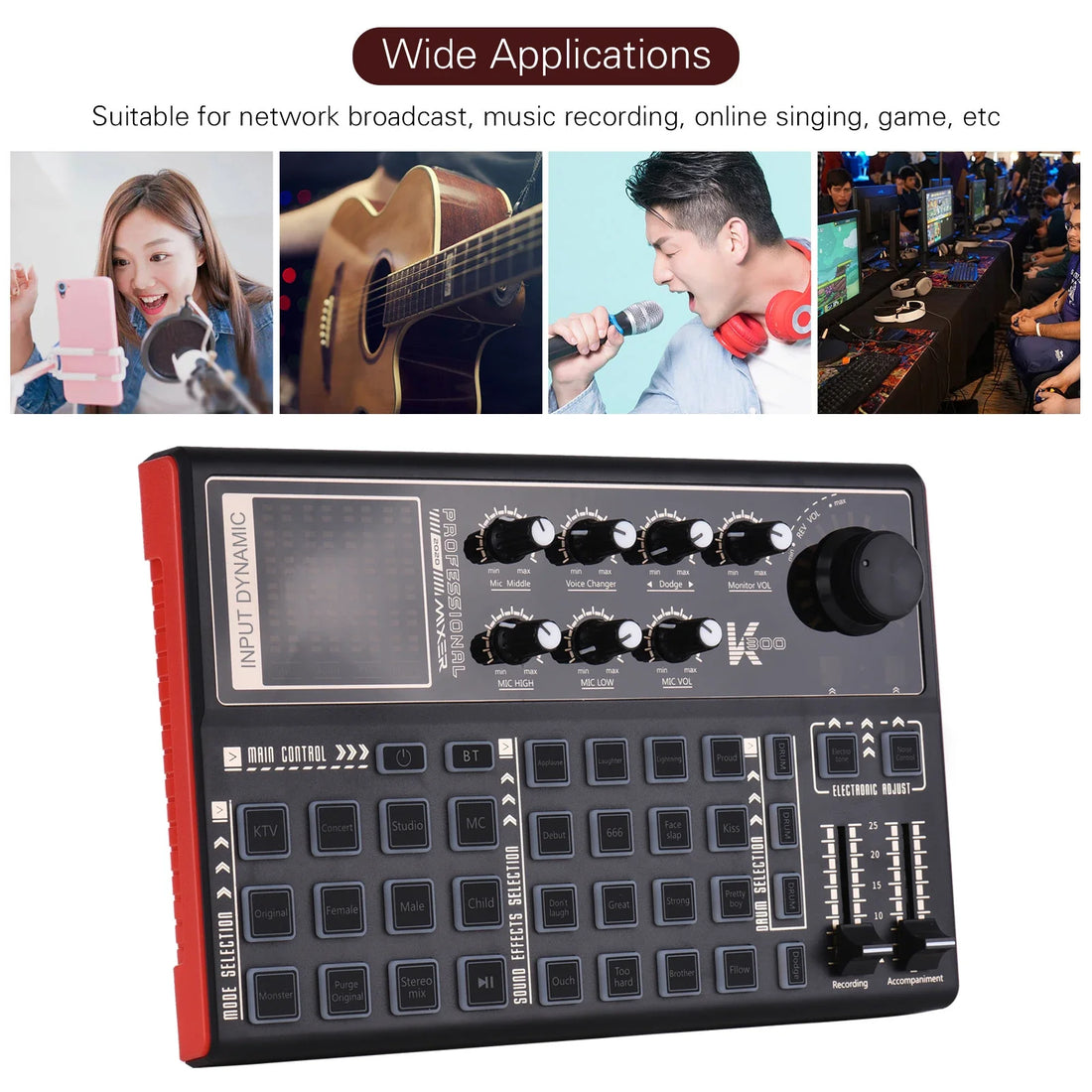 SK300 Live Sound Card External Voice Changer Audio Mixer Built-in Rechargeable Battery Multiple Sound Effects for Live