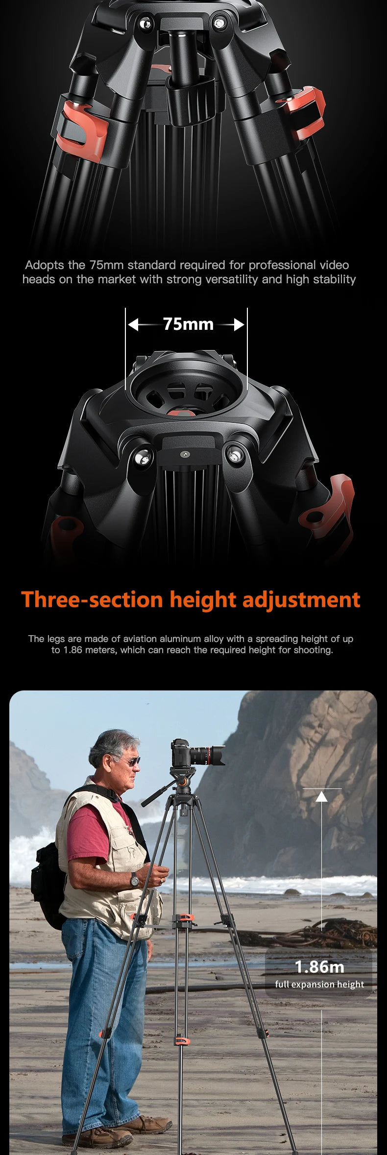 COMAN FF16LS 74" Professional Metal Heavy Duty Camera Tripod Video Tripod With Q6 New Fluid Head Adjustable Damping Fluid Head Dual Mode QR Plate Compatible with DJI RS4 Manfrotto