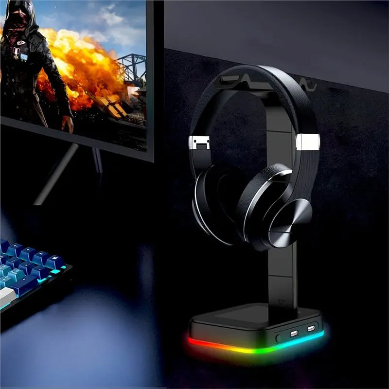 RGB Color-Changing LED Gaming Headset Stand Adjustable Speed W/Dual USB Ports For Keyboard Mouse Phone Charging