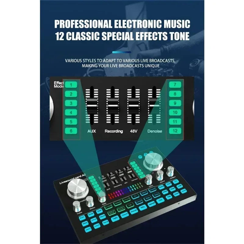 A2 Soundcard live Sound Card Bluetooth-compatible Mixer Audio Professional Adjustable Volume Audio for Music Recording Karaoke