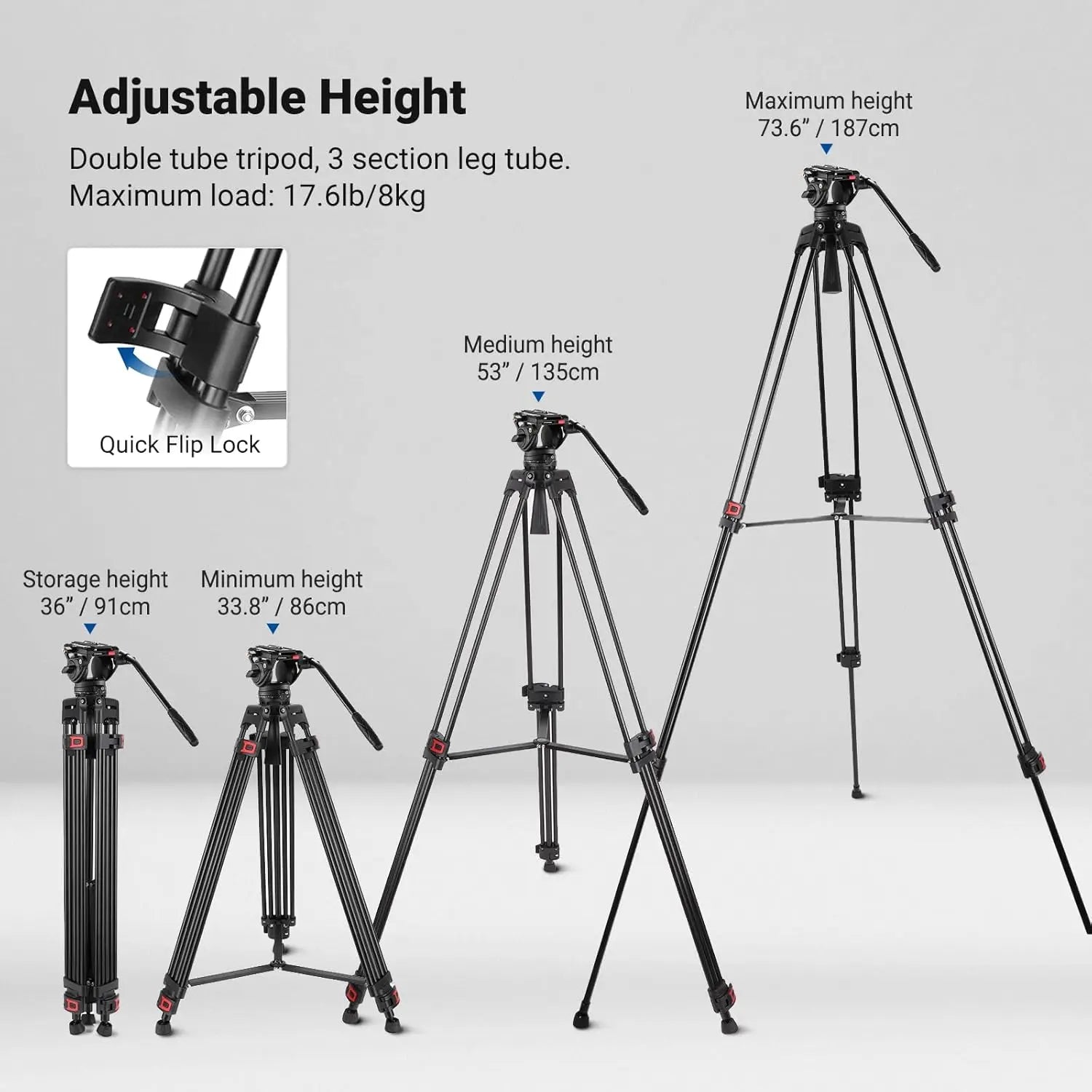 74" Video Tripod with Fluid Head, QR Plate, Heavy Duty Aluminum for DSLR Cameras Camcorders, Max Load 17.6lb/8kg