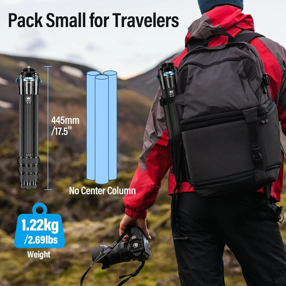 Carbon Fiber Camera Tripod for Travel, 4-Section Legs, Twist Locks, Loads 33LB, Max Height 47.2"