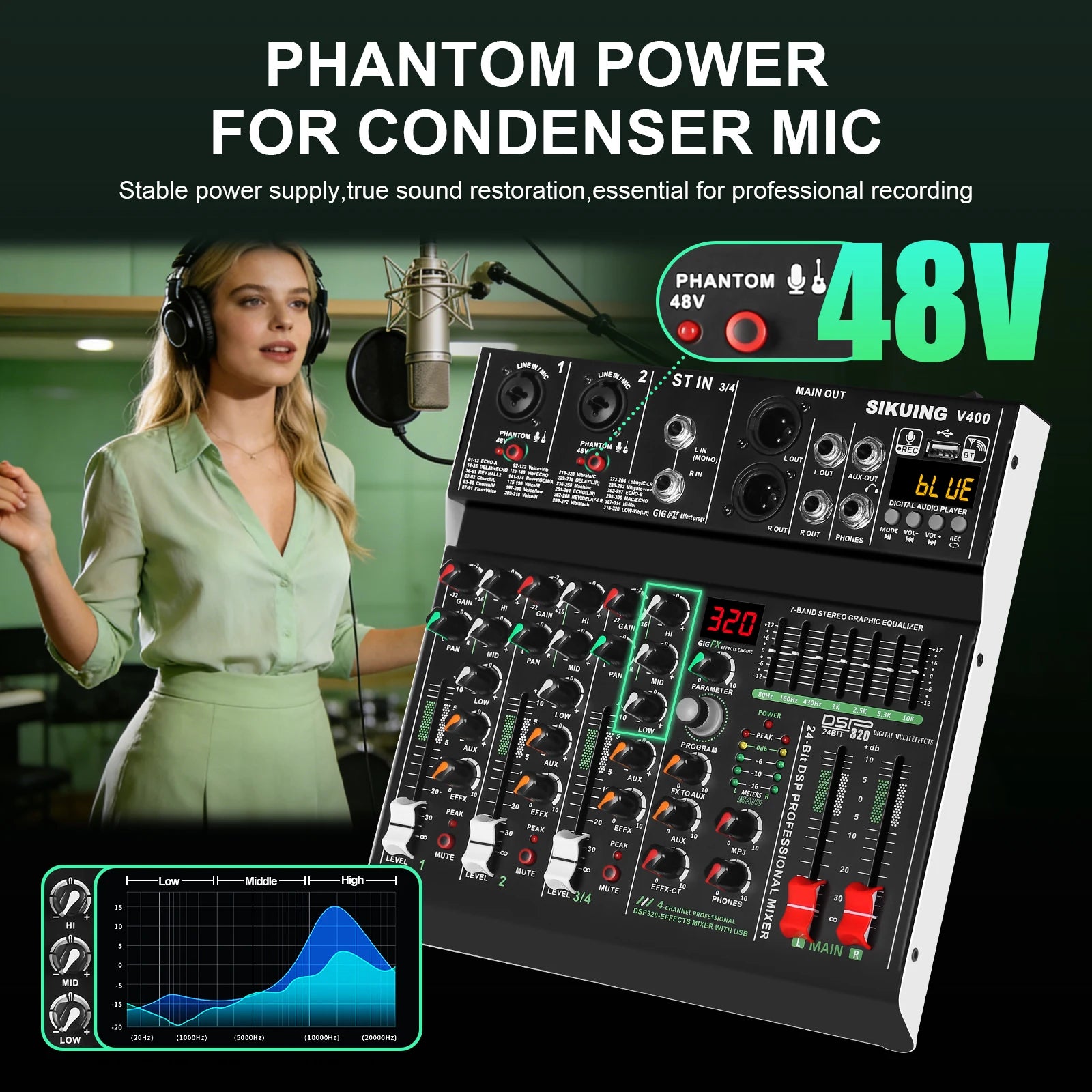 FULUODE V-600 6 channel professional portable mixer 320 DSP effects  48V phantom power Bluetooth sound card  7-band equalize