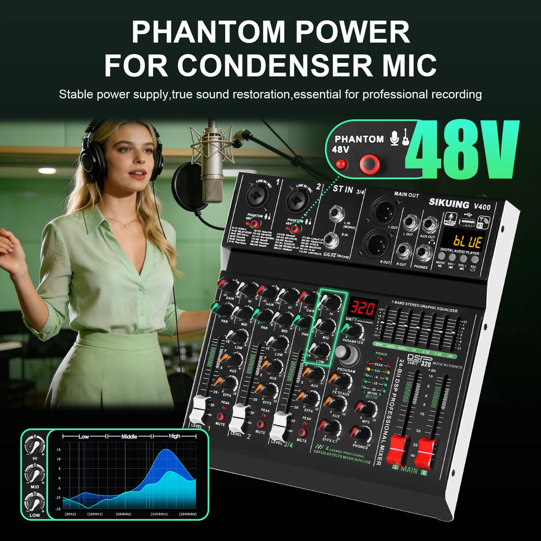 FULUODE V-600 6 channel professional portable mixer 320 DSP effects  48V phantom power Bluetooth sound card  7-band equalize