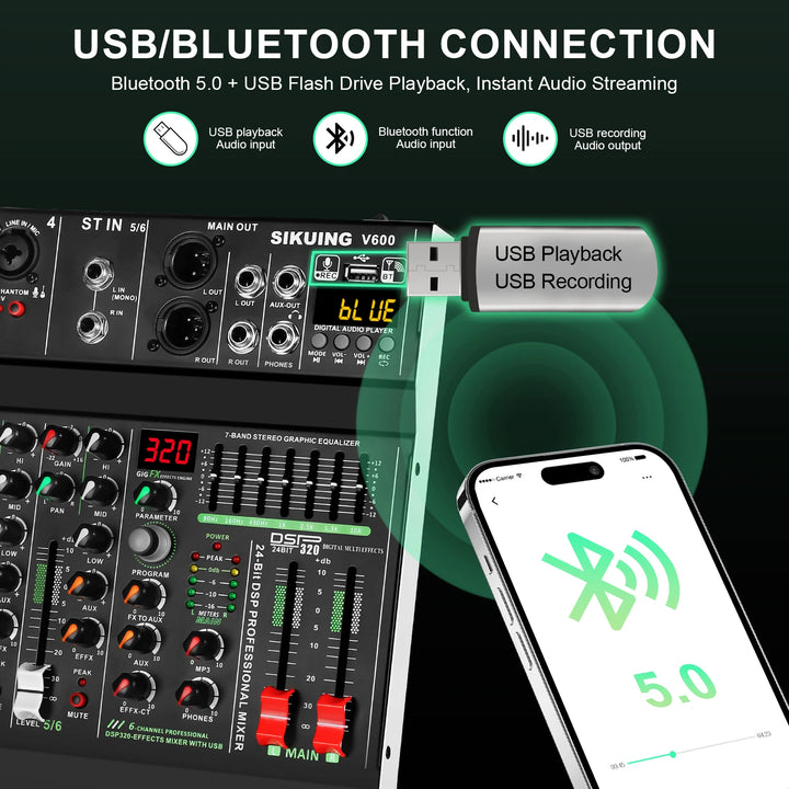 FULUODE V-600 6 channel professional portable mixer 320 DSP effects  48V phantom power Bluetooth sound card  7-band equalize