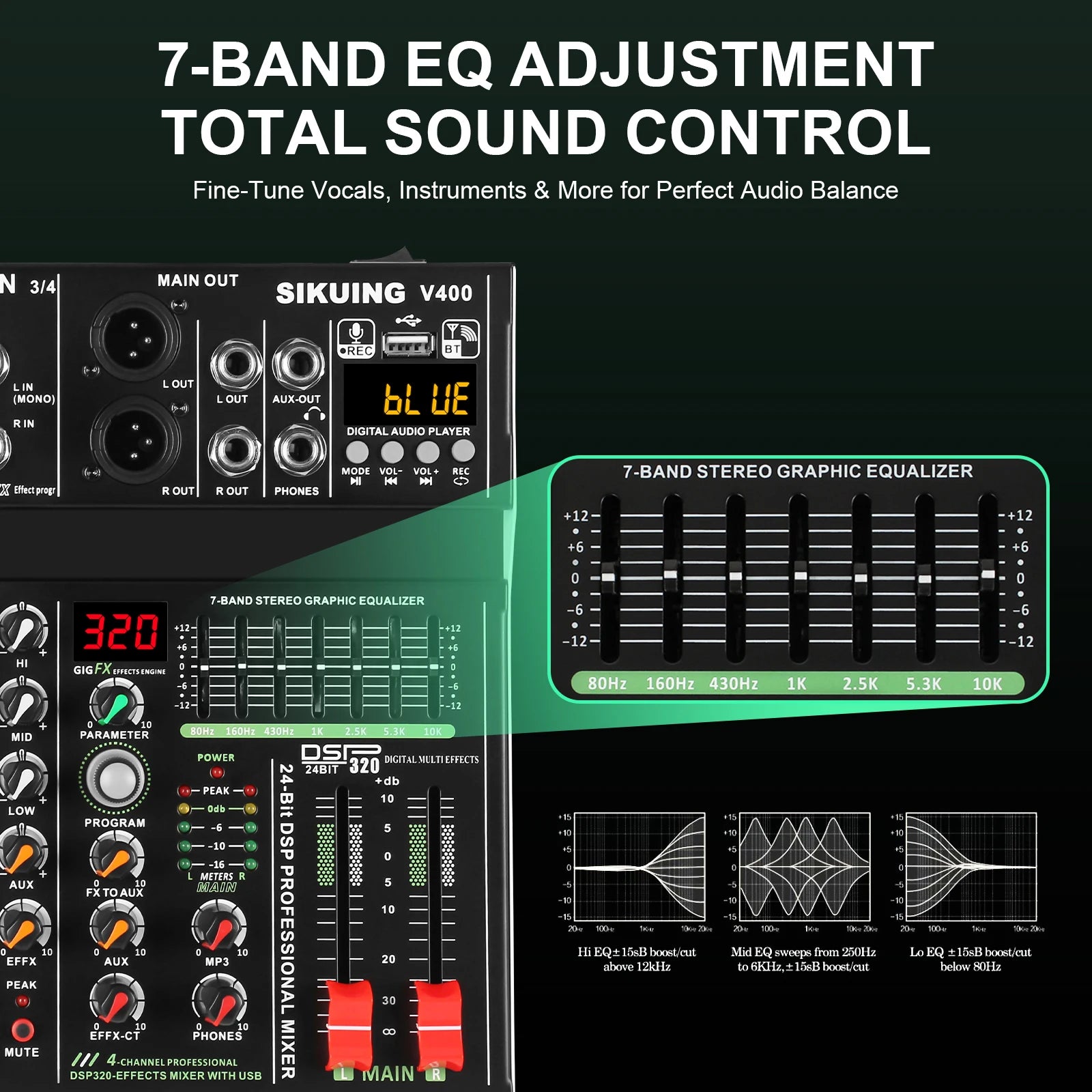 FULUODE V-600 6 channel professional portable mixer 320 DSP effects  48V phantom power Bluetooth sound card  7-band equalize