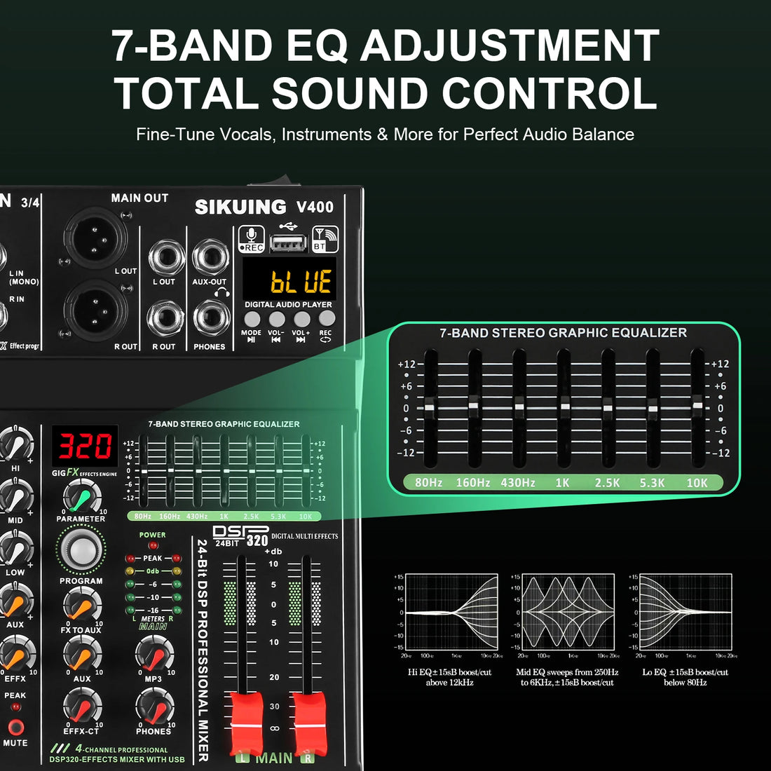 FULUODE V-600 6 channel professional portable mixer 320 DSP effects  48V phantom power Bluetooth sound card  7-band equalize