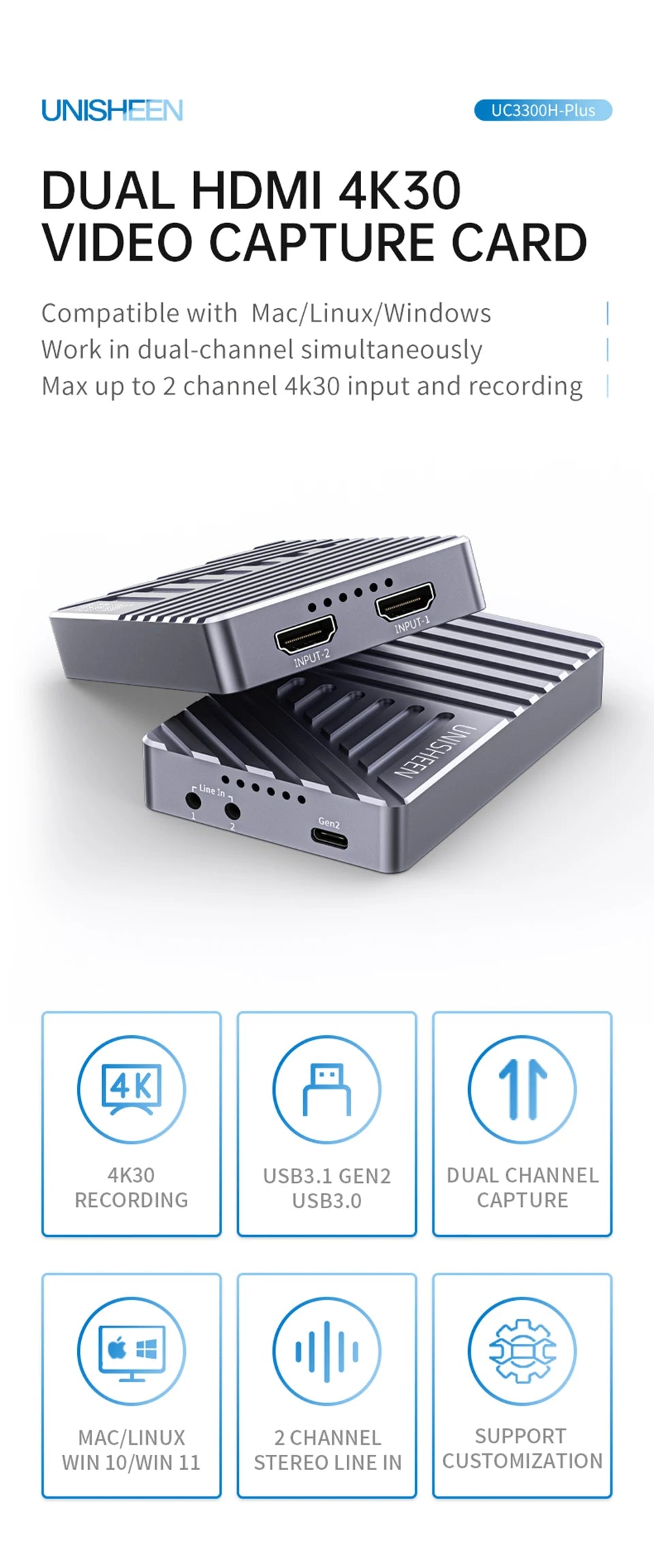 UNISHEEN UHD 4K DUAL HDMI Game Streaming Equipment Live Broadcast 2160p OBS vMix USB3.1 Thunderbolt VIDEO CAPTURE Card Box