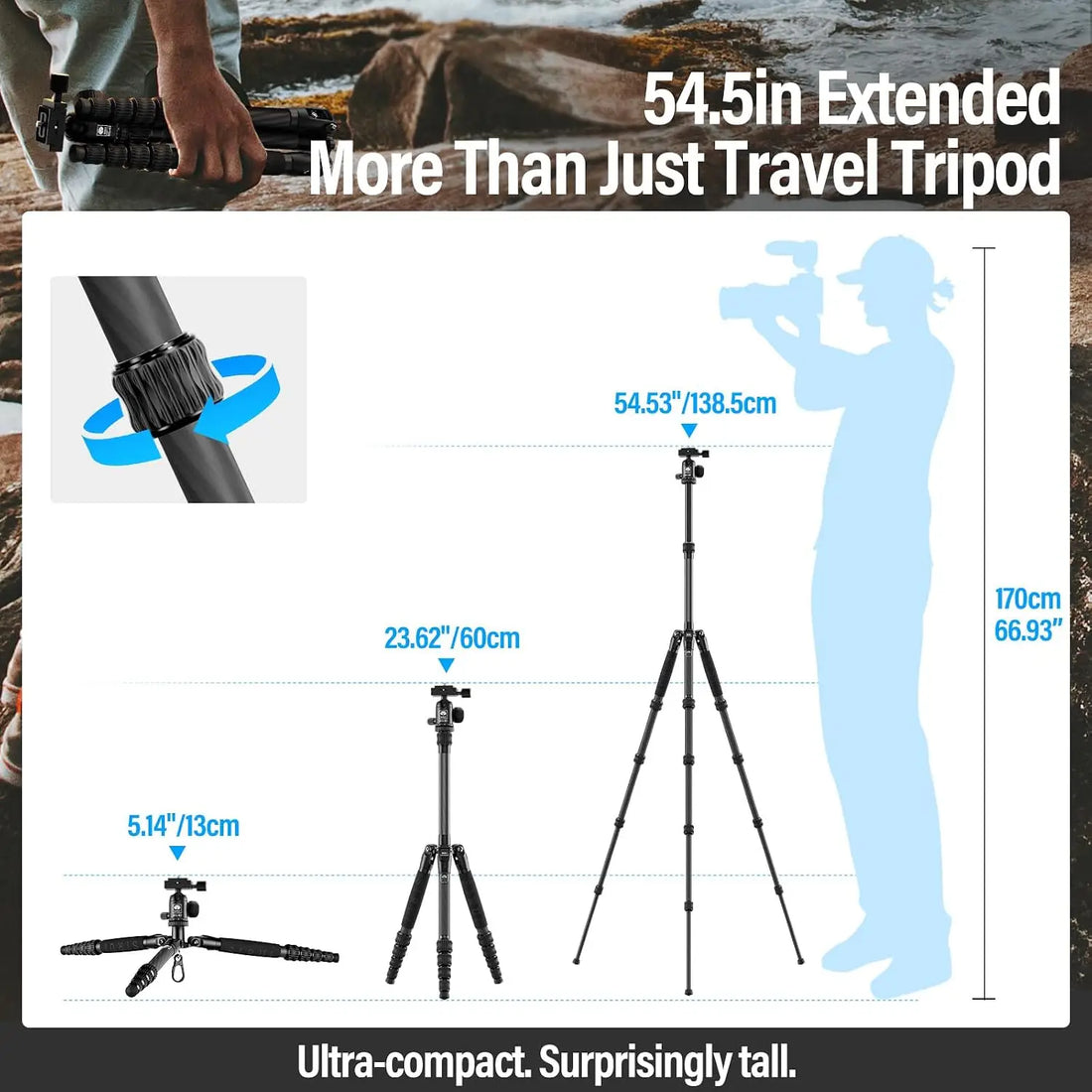 Lightweight Carbon Fiber Travel Tripod, 6kg Load, 54" Max Height, Compact for DSLR Mirrorless Cameras, with Carry Bag