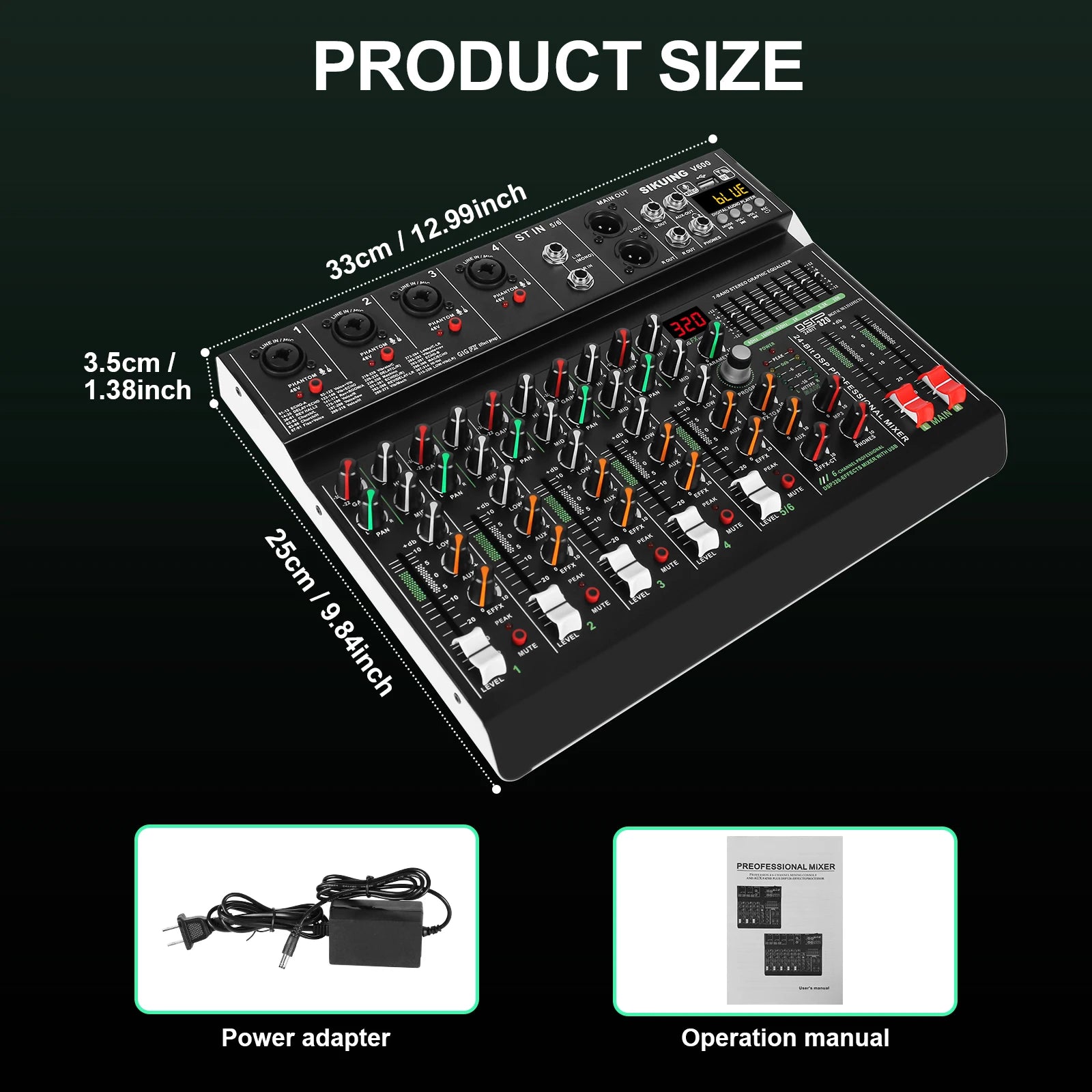 FULUODE V-600 6 channel professional portable mixer 320 DSP effects  48V phantom power Bluetooth sound card  7-band equalize