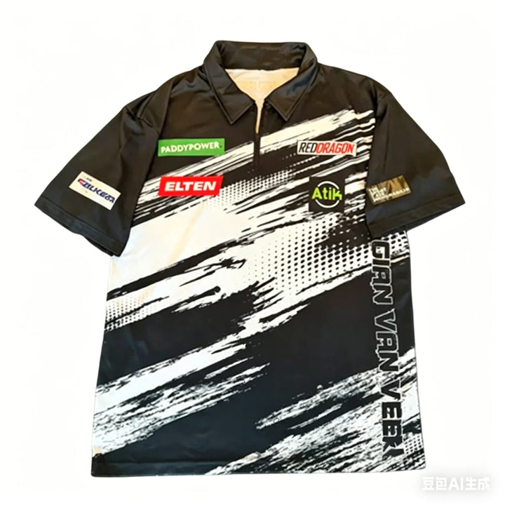 Mens Breathable Short Sleeve Darts Polo Shirt 14 Zip Neck Sports Jersey Casual Athletic Top for Darts Tournament Training