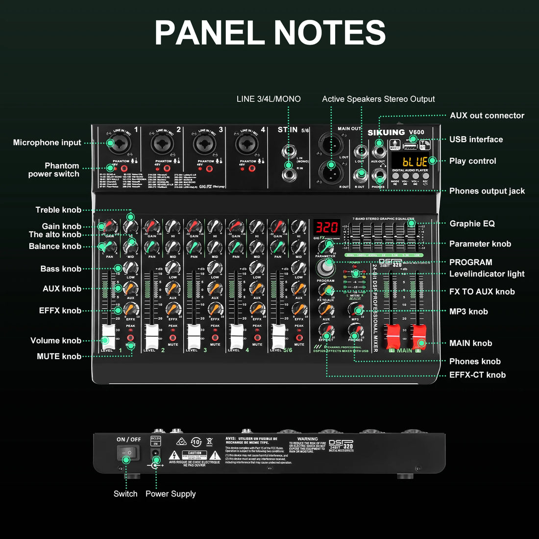 FULUODE V-600 6 channel professional portable mixer 320 DSP effects  48V phantom power Bluetooth sound card  7-band equalize